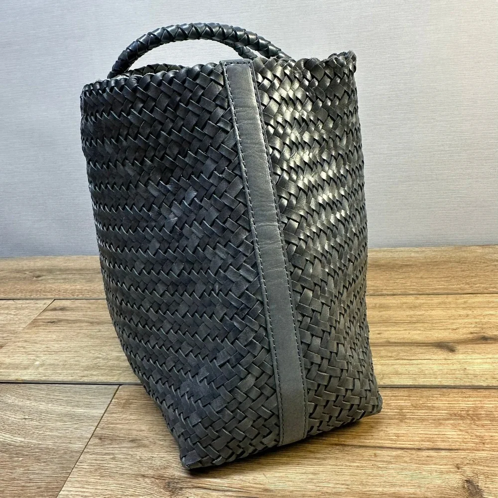 Madewell Navy Woven Genine Leather Tote Large Braided Handle Beach Marine Boho - Picture 8 of 16